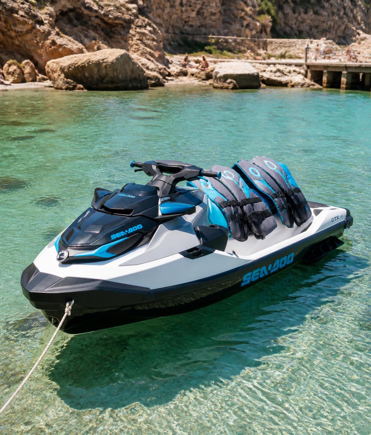 Jet ski moored in shallow clear water