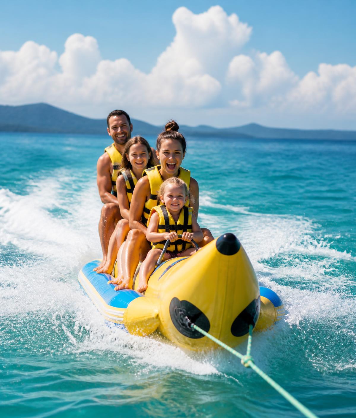 Family riding an inflatable banana boat on turquoise sea